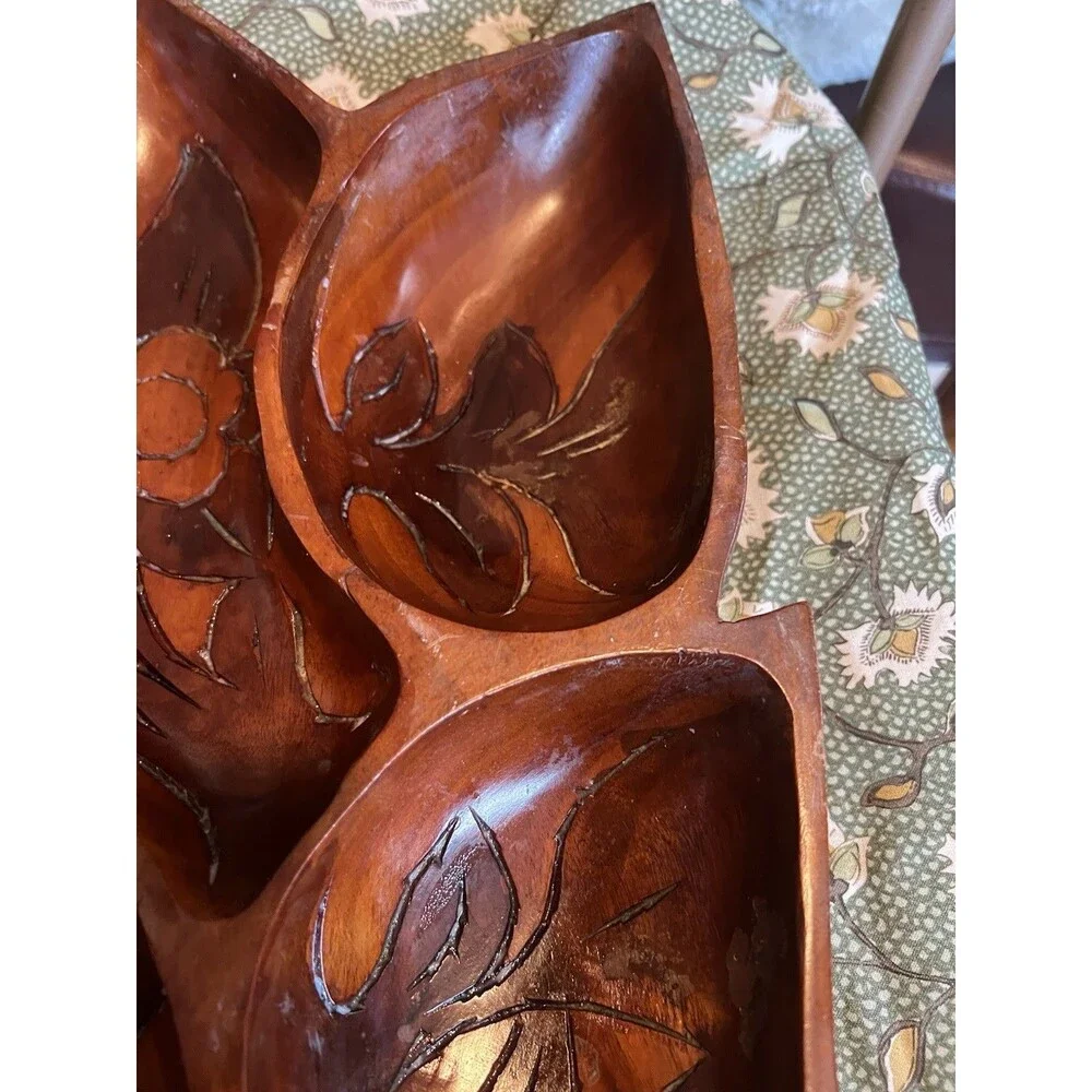 Hand Carved Wood Floral 6-Compartment Serving Tray, Brown Rustic 22 in